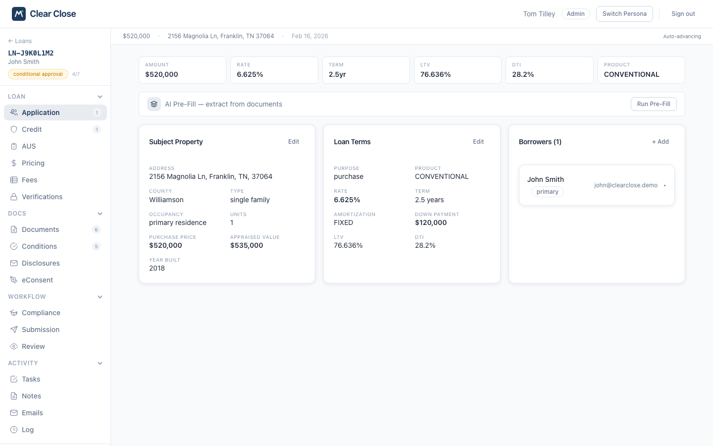 Clear Close loan detail view showing property, loan terms, borrower info, and full navigation panel